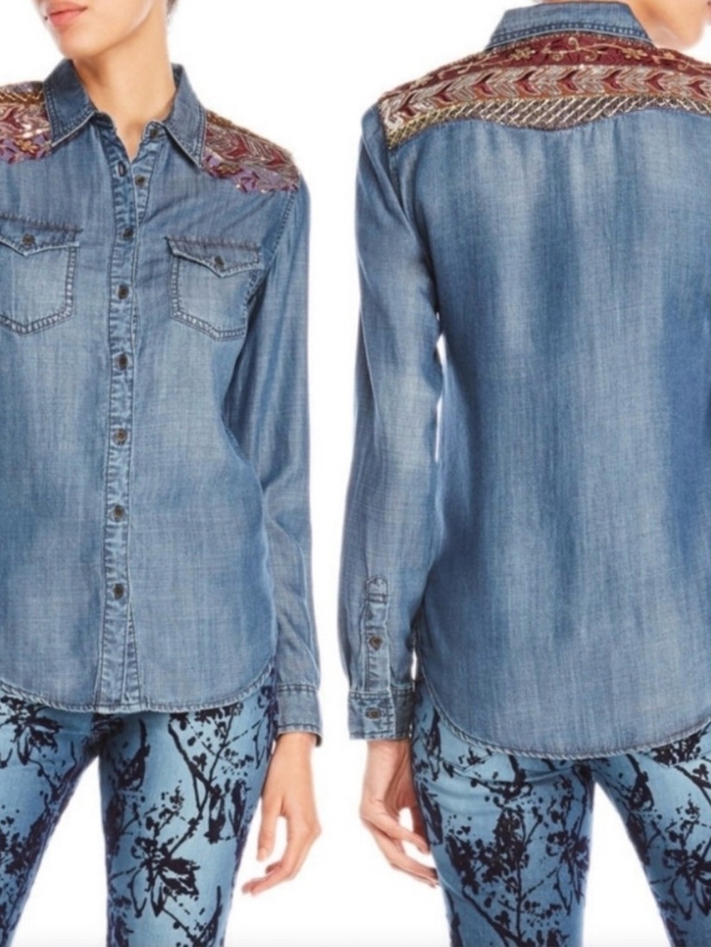Denim Embroidered Western Shirt - Blue
